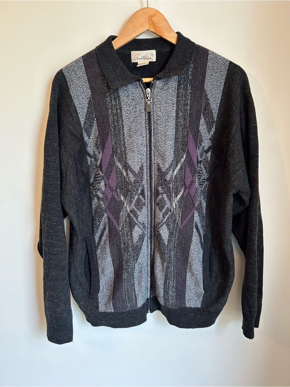 Vintage Arnold Palmer Men's Full Zip Knit Cardigan Sweater Geometric Pattern M